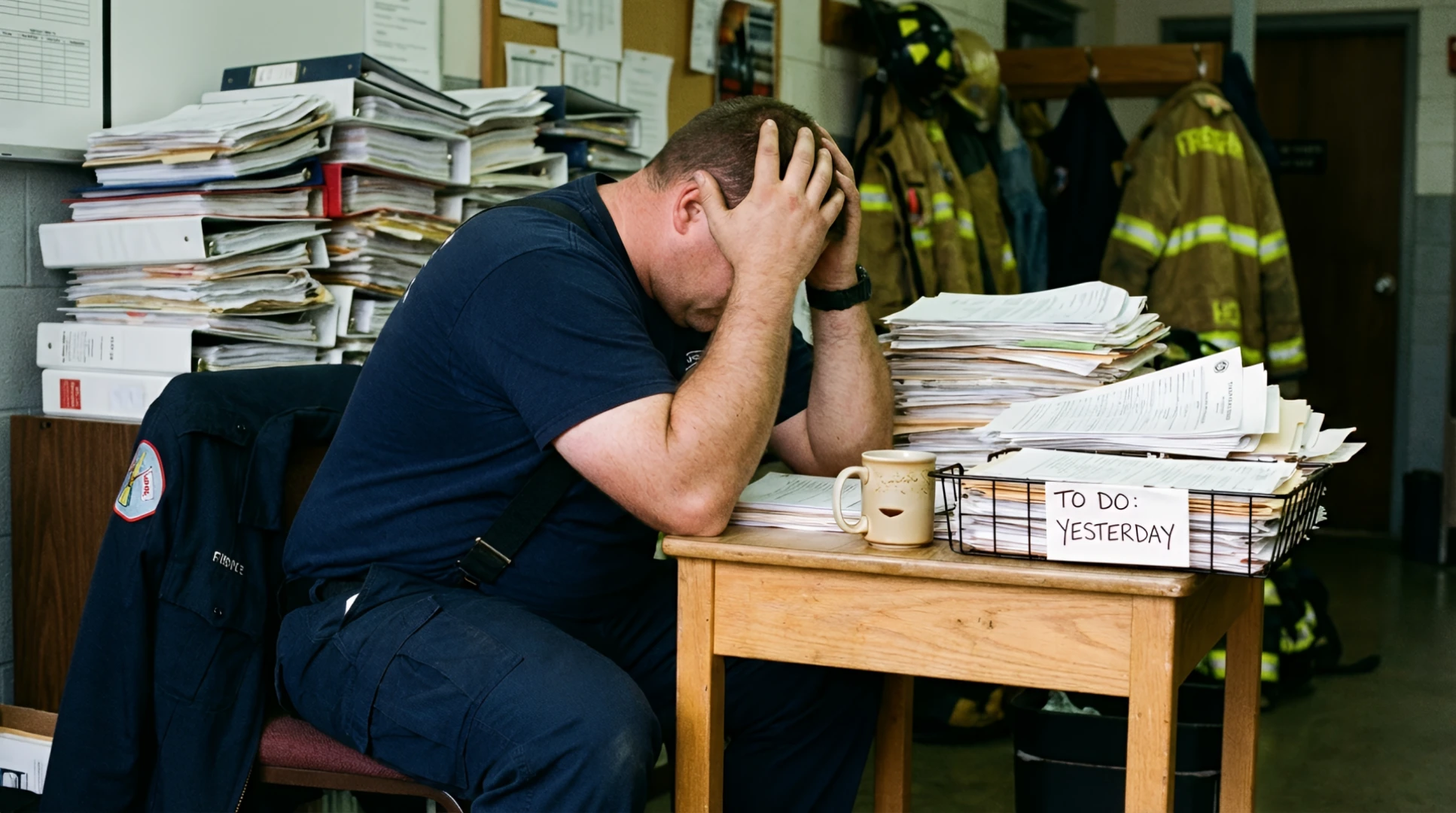 Firefighter Buried Under Mountain of Paperwork Declared "Still Alive, Probably"