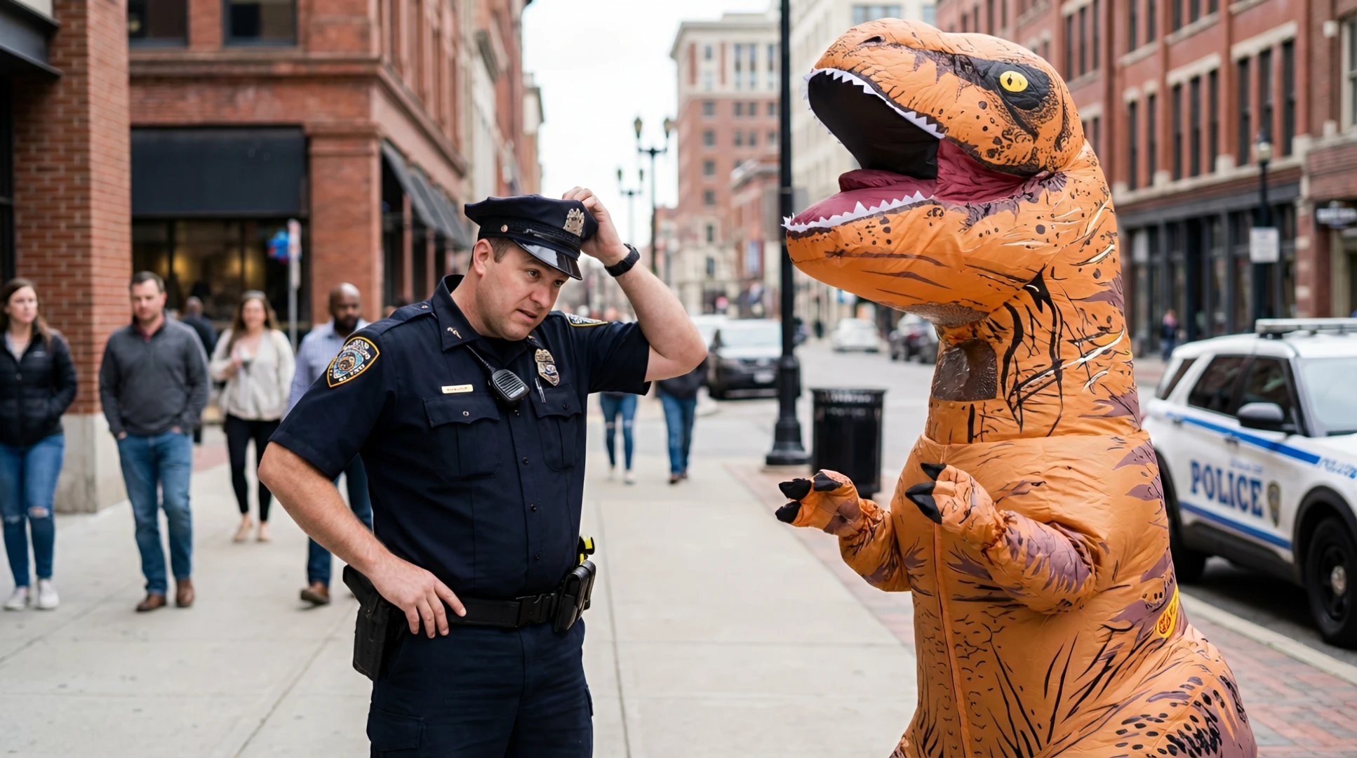 Officer Responds to "Suspicious Person" Call, Finds Man in T-Rex Costume